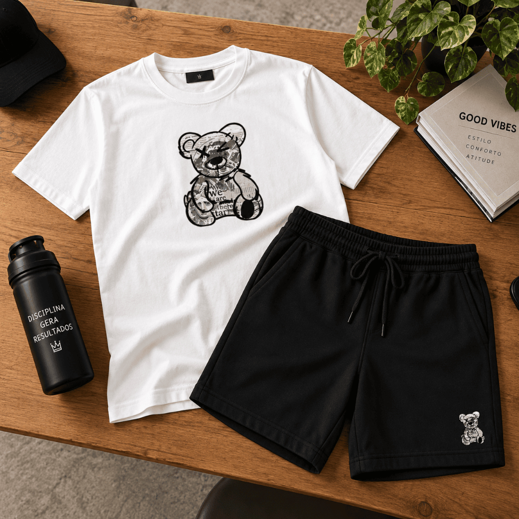 Conjunto Camiseta + Bermuda Moletinho Adulto Urso Cinza Streetwear Estampado