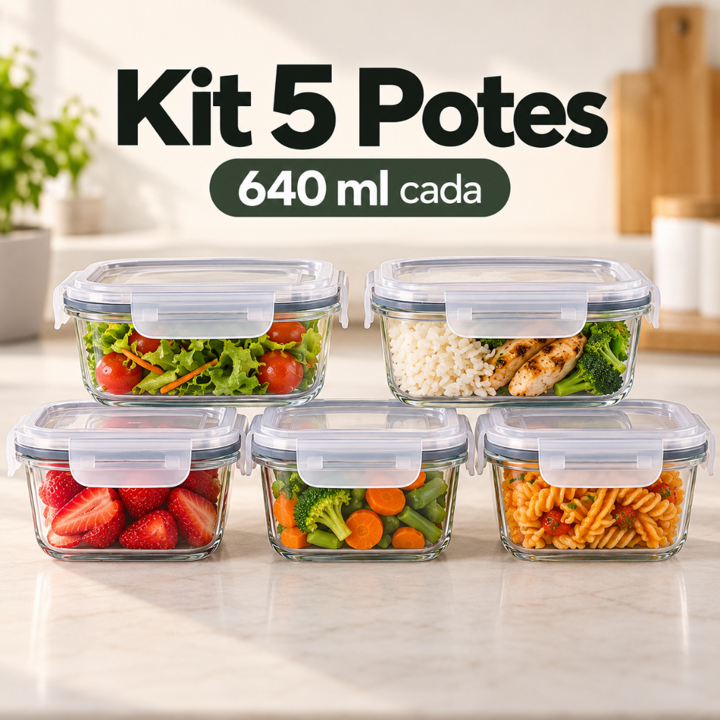 Kit 5/10/12 Potes de Vidro 640ml Hermético Marmita Fit com Tampa 4 Travas