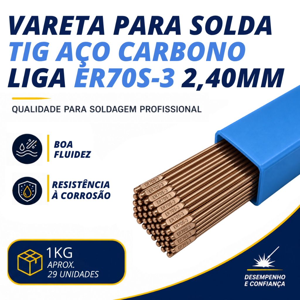 1kg Vareta Tig Aço Carbono 70s-3 (2,40mm) 3/32'' Soldaforte