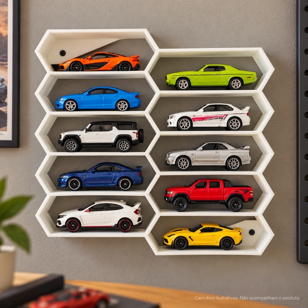 Suporte de Parede Colmeia para 10 Carrinhos Compatível com Hot Wheels Expositor de Miniaturas Organizador de Coleção