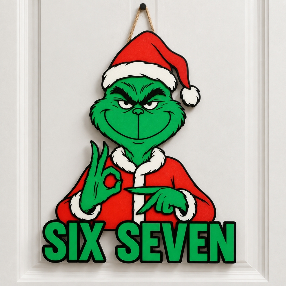 Enfeite Decorativo Grinch Natalino Six Seven Placa de Porta Natal Com Fita - Presente Divertido Meme Decoração Natalina
