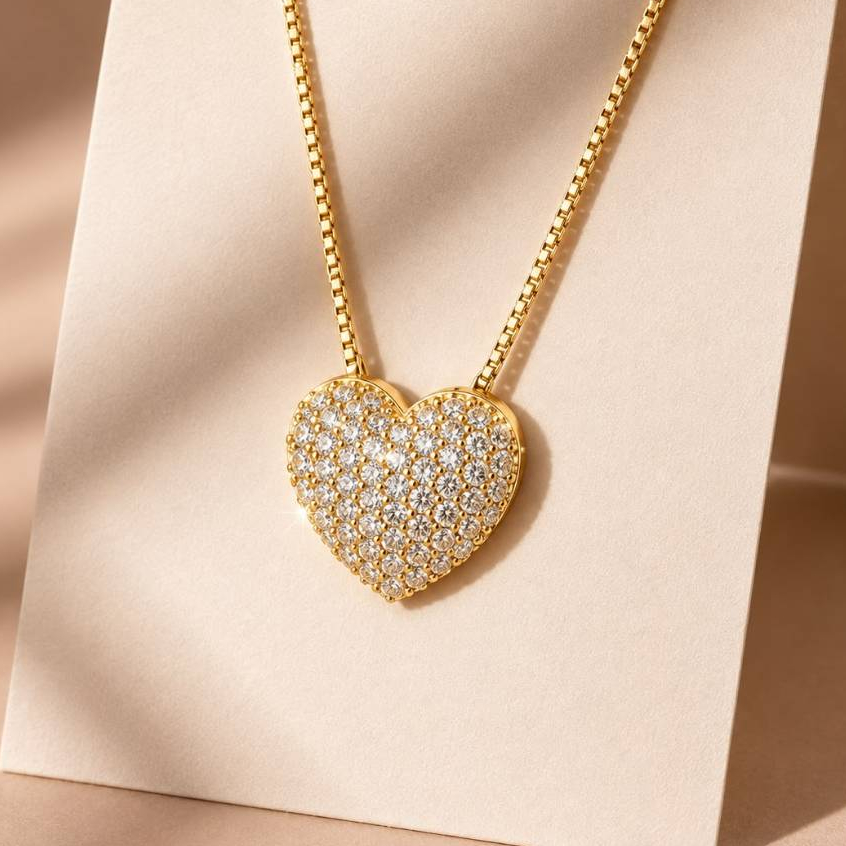 Colar Coração Cravejado com Zircônias Banhado a Ouro 18K Luxuoso