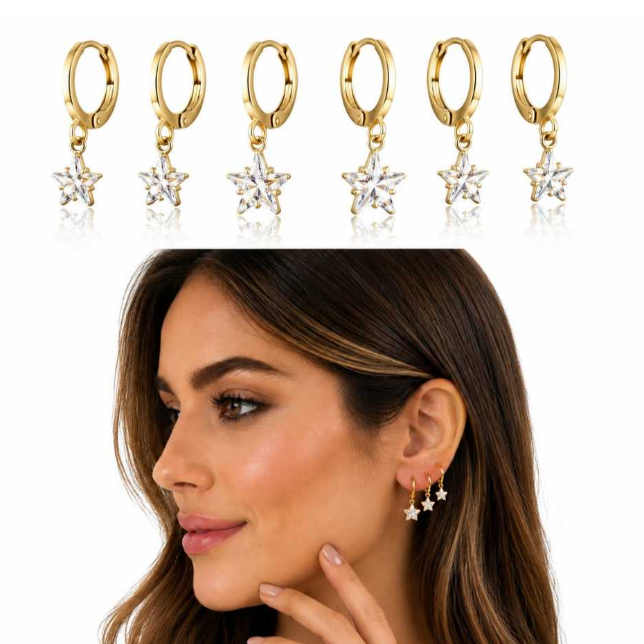 Trio Argolas Pingente Estrela de Zircônia T 12/10/08 mm Banhado Ouro 18K