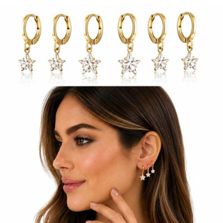 Trio Argolas Pingente Estrela de Zircônia T 12/10/08 mm Banhado Ouro 18K