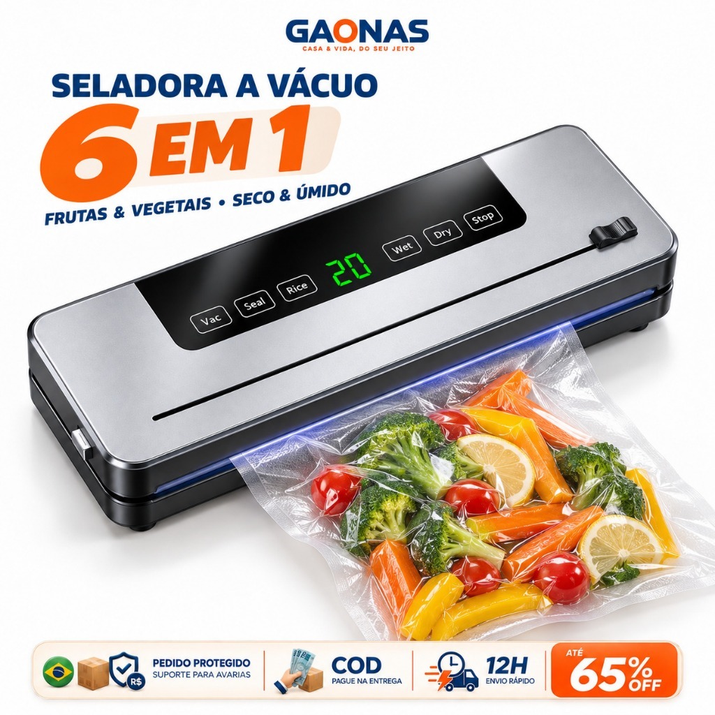GN-Seladora a Vácuo Bivolt 6 em 1 75kPa 120W com Cortador Visor Digital +20 Sacos para Alimentos Secos e Úmidos Casa