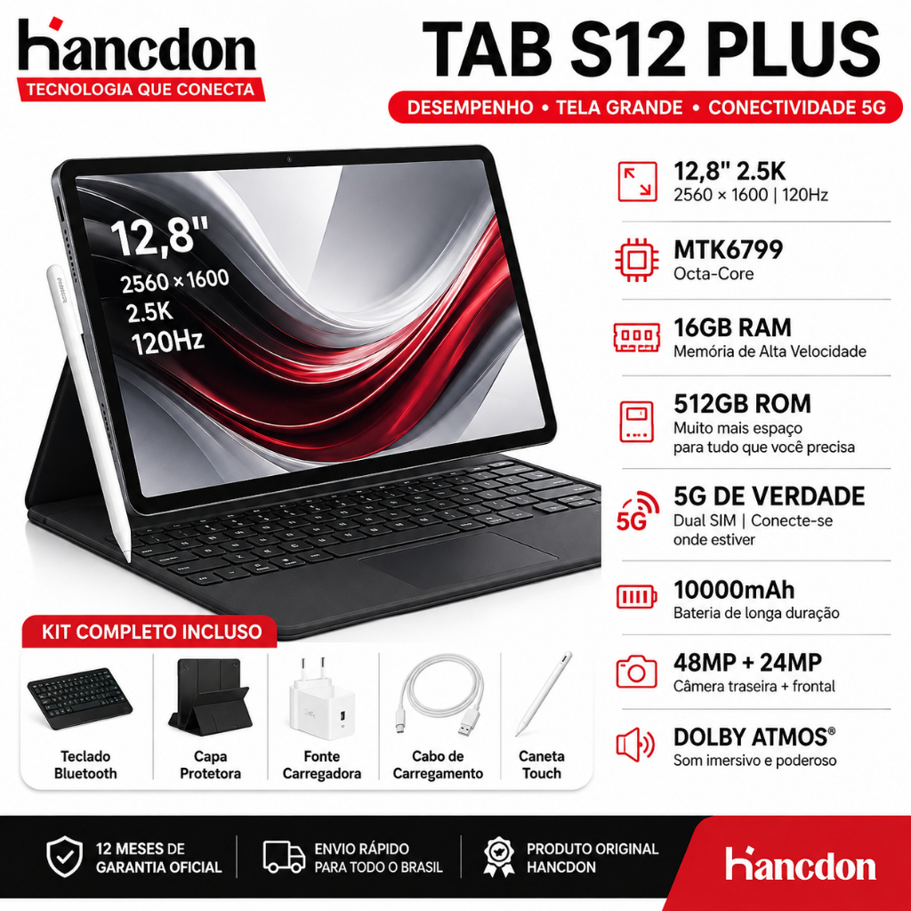 【Garantia 2 Anos】Hancdon Tablet S12 Plus 12.8" FHD+ | 16GB RAM + 512GB | Octa-Core 5G | Bateria 10000mAh | Envio em 24h
