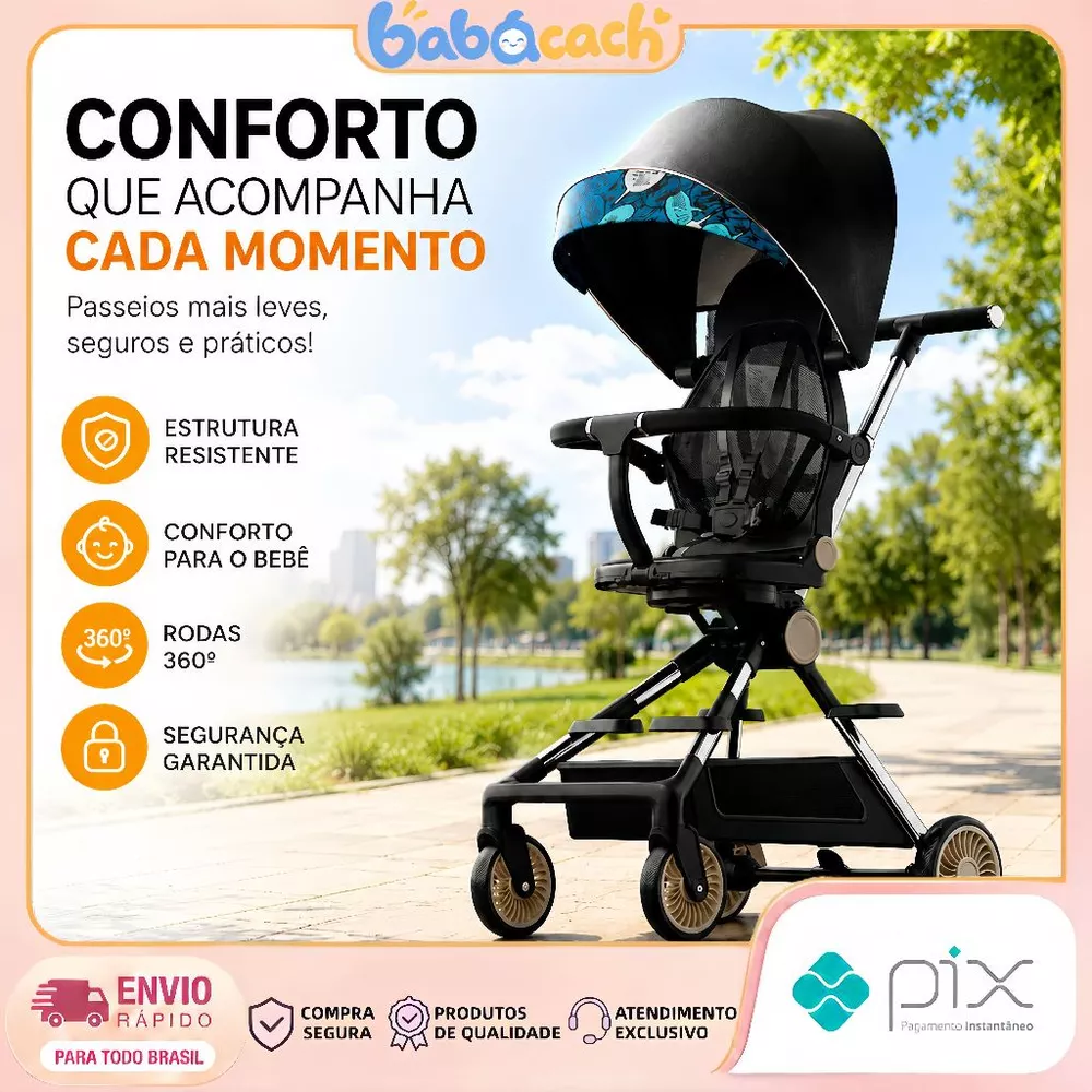 Carrinho De Bebê Com Cesto alça reversível 4 Rodas Até 35kg