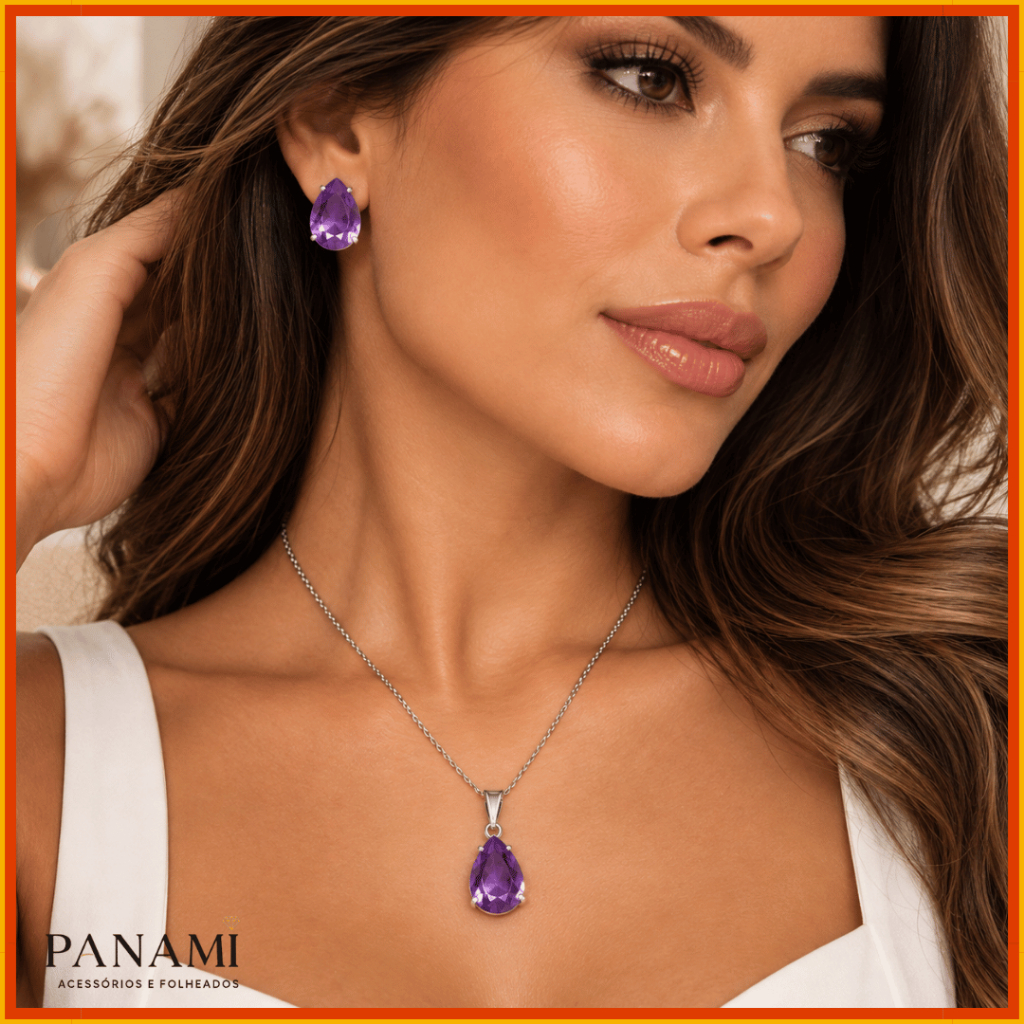 Conjunto Colar e Brincos Ametista Lilás Feminino Elegante Pedra Oval Brilhante -  colar e brinco pedra zircônia líl