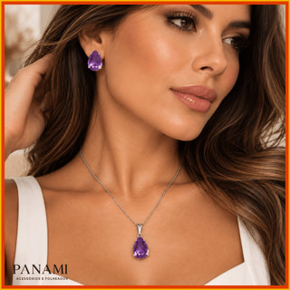 Conjunto Colar e Brinco Gota lilas Zircônia Feminino Folheado a Prata Ponto de Luz Delicado Elegante Presente