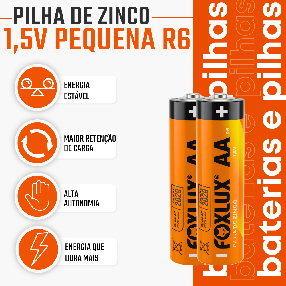 Pilha Alcalina AA Pequena Foxlux 1,5V LR6 Kit com 2