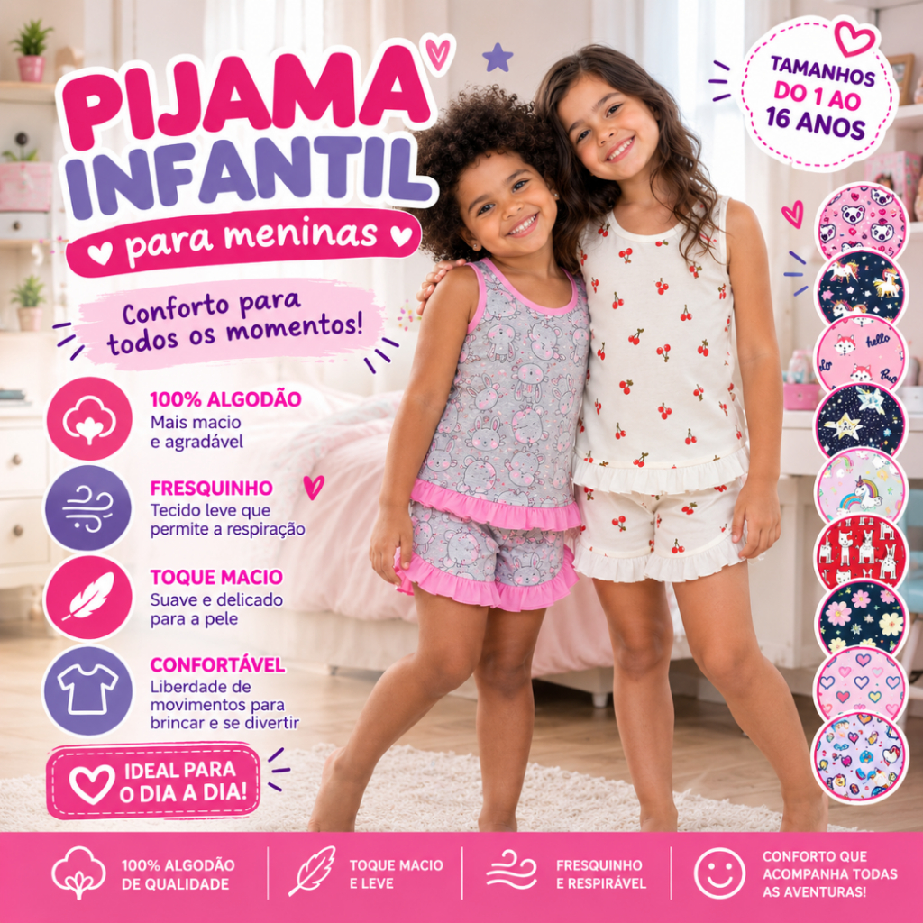 Kit Pijama Baby Doll Regata Alcinha Menina Babados Roupa de Dormir Verão Algodão Sortido Tam 1 ao 16
