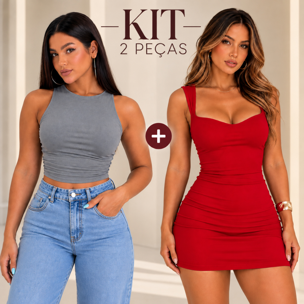 Kit Feminino 2 Peças Cropped + Vestido Curto Justo Canelado Moda Feminina Confortável Look Casual Elegante e Versátil