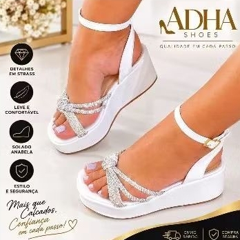 Sandália Feminina Anabela Plataforma Strass Confortável Moda Casual Tendência 2026