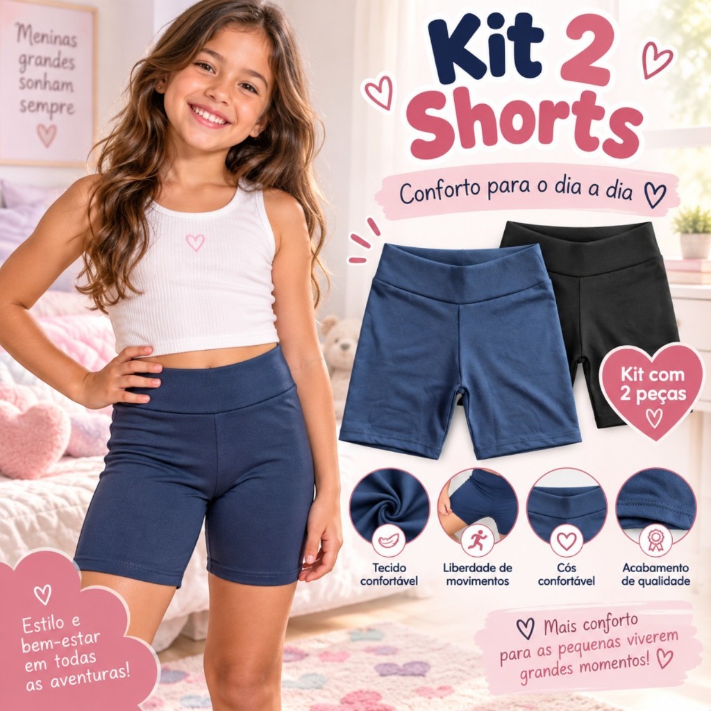 Kit com 2 Shorts Infantil Confortável Estilo Bermudinha Suplex Liso Ciclista