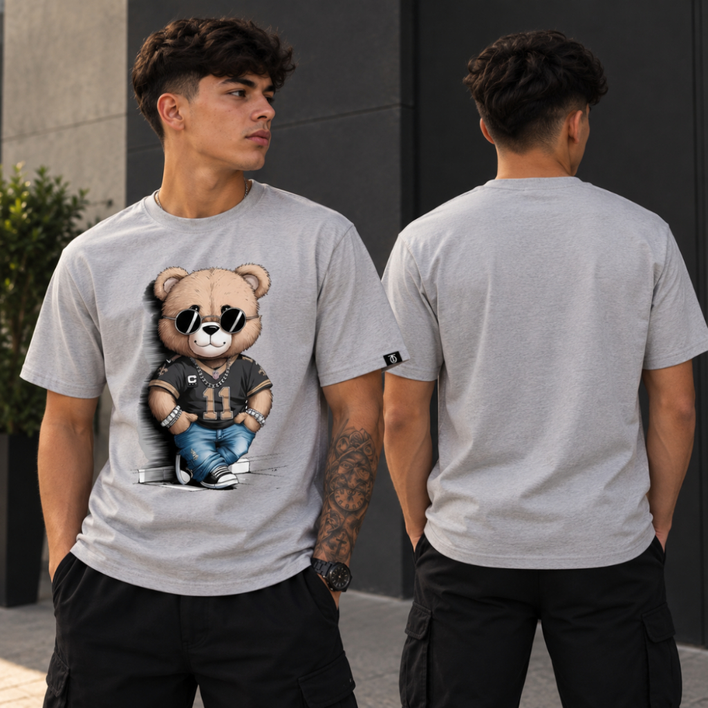 Camiseta Estampada Urso Estiloso Ryban Camiseta Malha Algodão Básica Personalizada Top