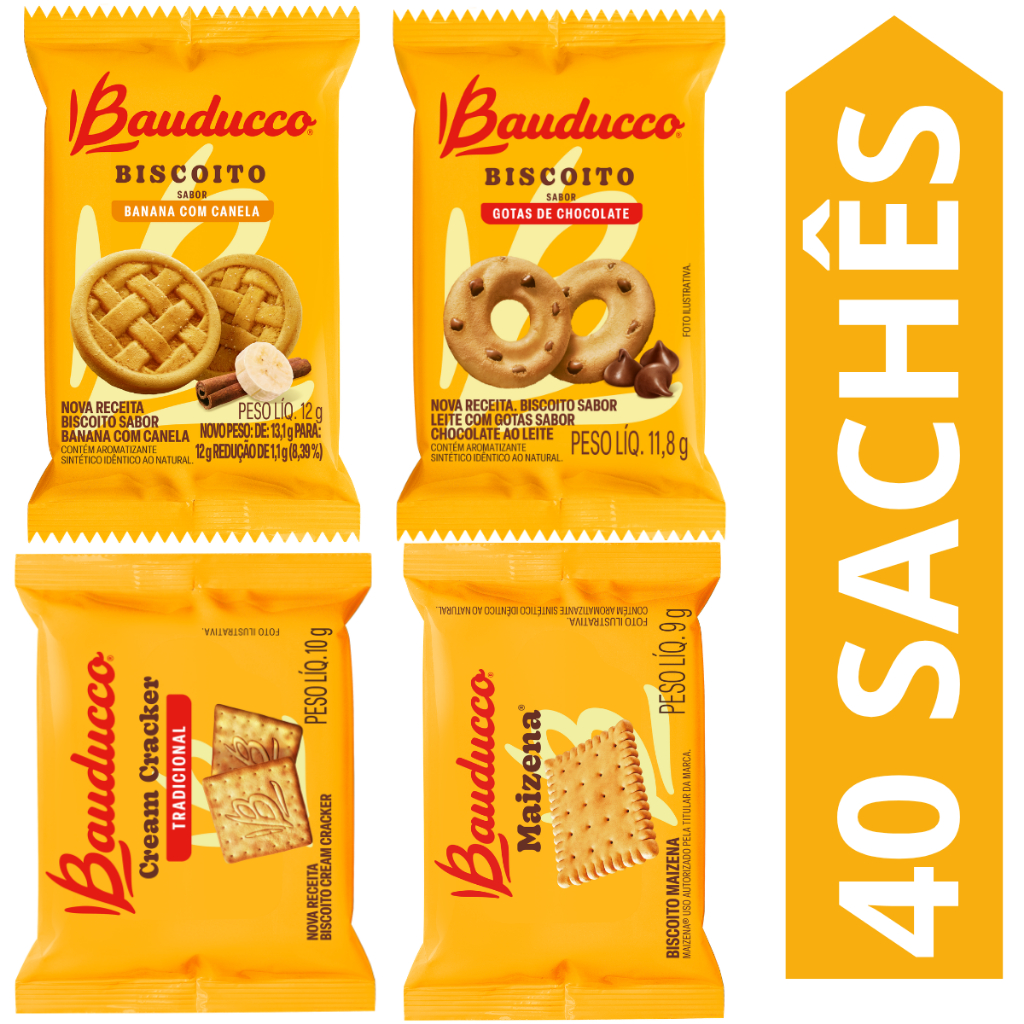 Kit 40 Sachês Biscoito Bauducco Sabores Leite Com Gotas De Chocolate, Banana, Cream Cracker, Maizena