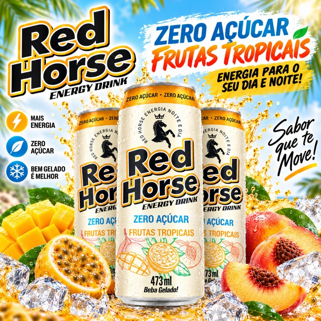 Red Horse Zero Açúcar Frutas Tropicais 473ml Pack 6 12 24 Latas Energético Original