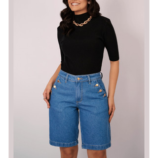 Bermuda Feminina Jeans Sem Elastano 100% Algodão Cos Alto Jorts Confortável Comprida