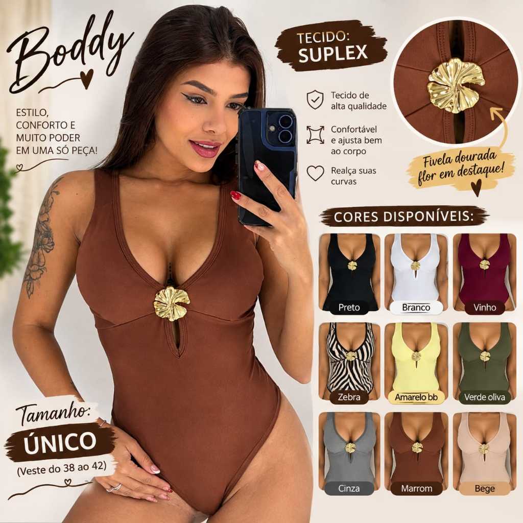 Body Feminino Suplex com Bojo Detalhe Fivela dourado Modelador Confortável Moda Casual Elegante veste 38 ao 44