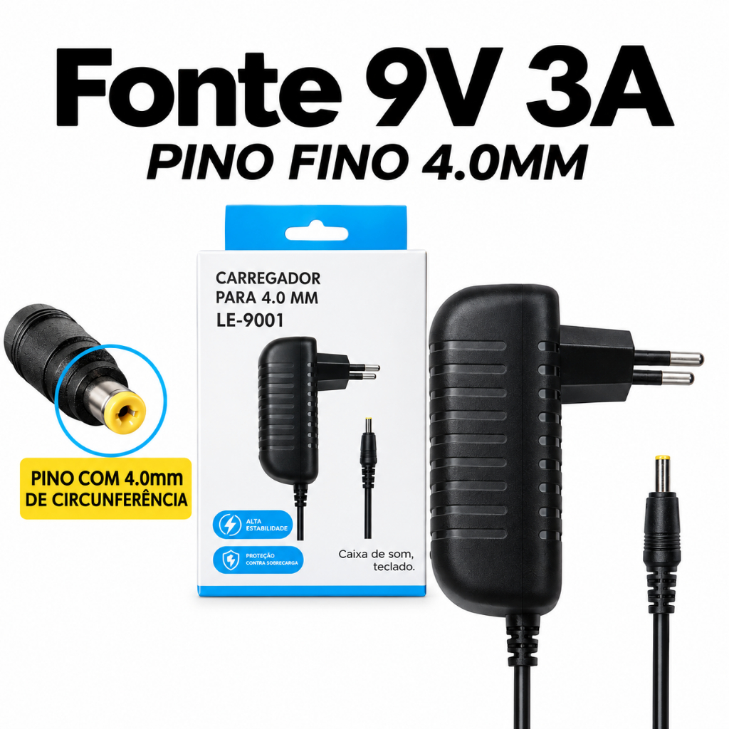 Fonte Carregador 9V 3A Para Caixa de Som Pino 4.0mm Bivolt