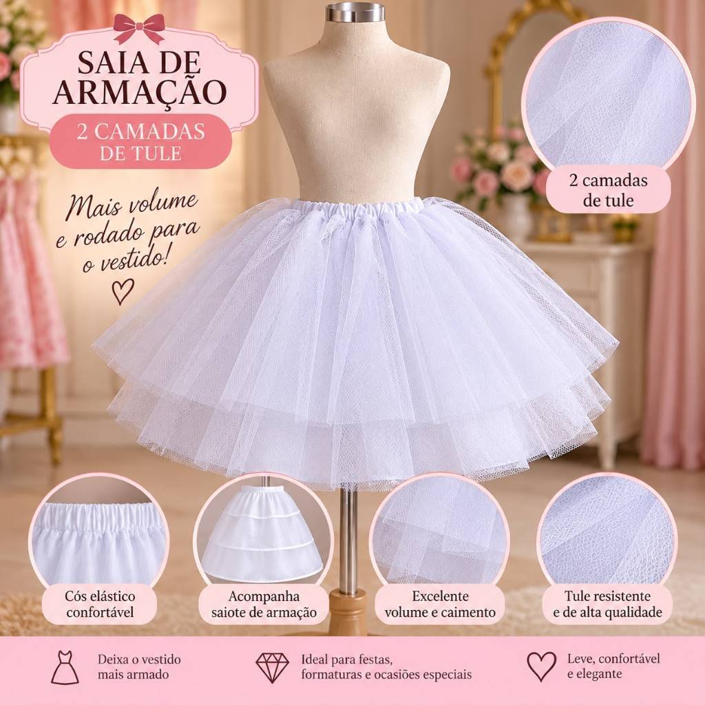 Saiote de volume Armação Infantil Ánagua Para Vestidos Para Meninas 1e 2 Camadas