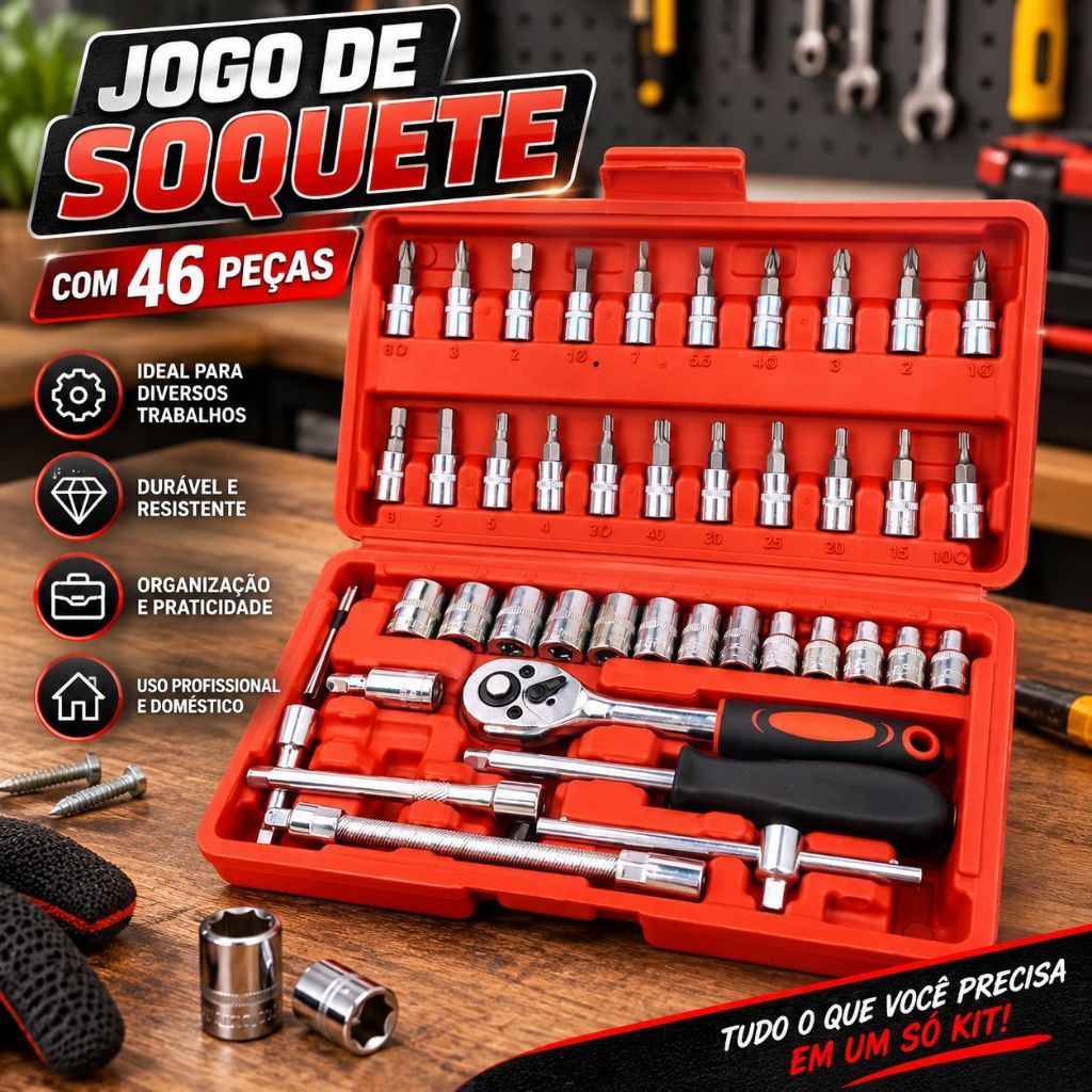 Jogo De Chaves e Ferramentas - Catraca Soquete Aço Crv 1/4 E Chave Allen Completo Profissional | BN