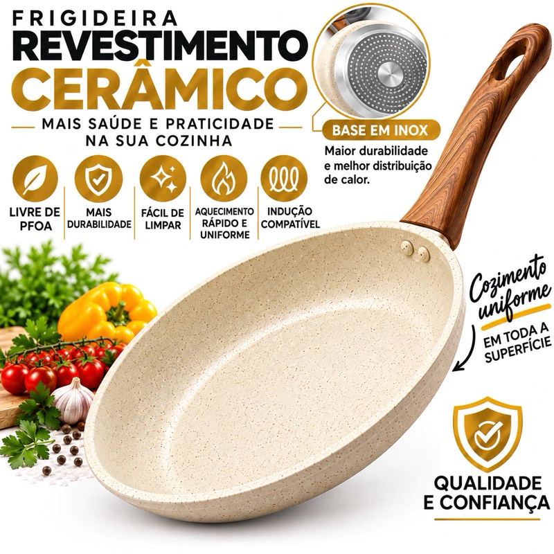 Frigideira Antiaderente Não Usa Óleo Cerâmica Vanilla Cream Fundo Triplo Premium Indução — imagem 1