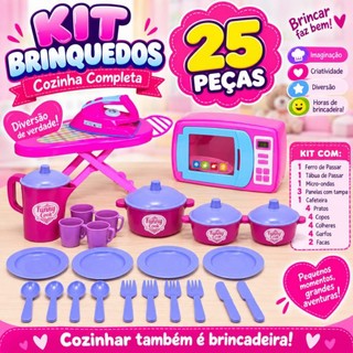 Kit Brinquedo Infantil Cozinha Faz De Conta - Microondas + Tabua de Passar + Kit Café + kit Panelinhas - 25 peças