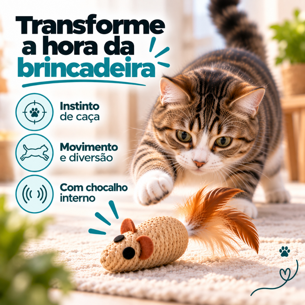 Brinquedo Interativo para Gatos - Ratinho de Corda Sisal e Pena - Arranhador Mordedor Diversão Pet Anti Stress