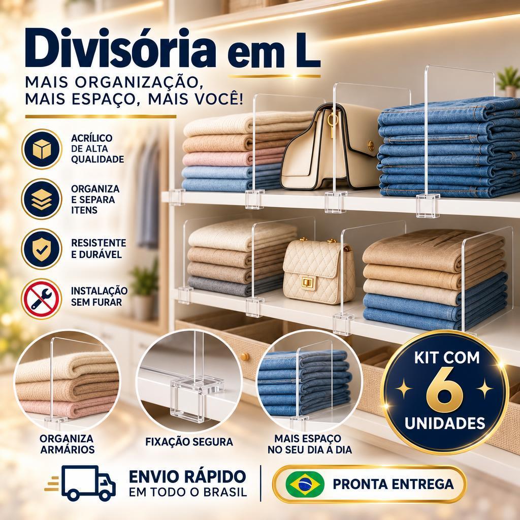 Kit 6 Divisoria closet Acrílico Prateleira Closet Bolsas Armários Transparente 3MM