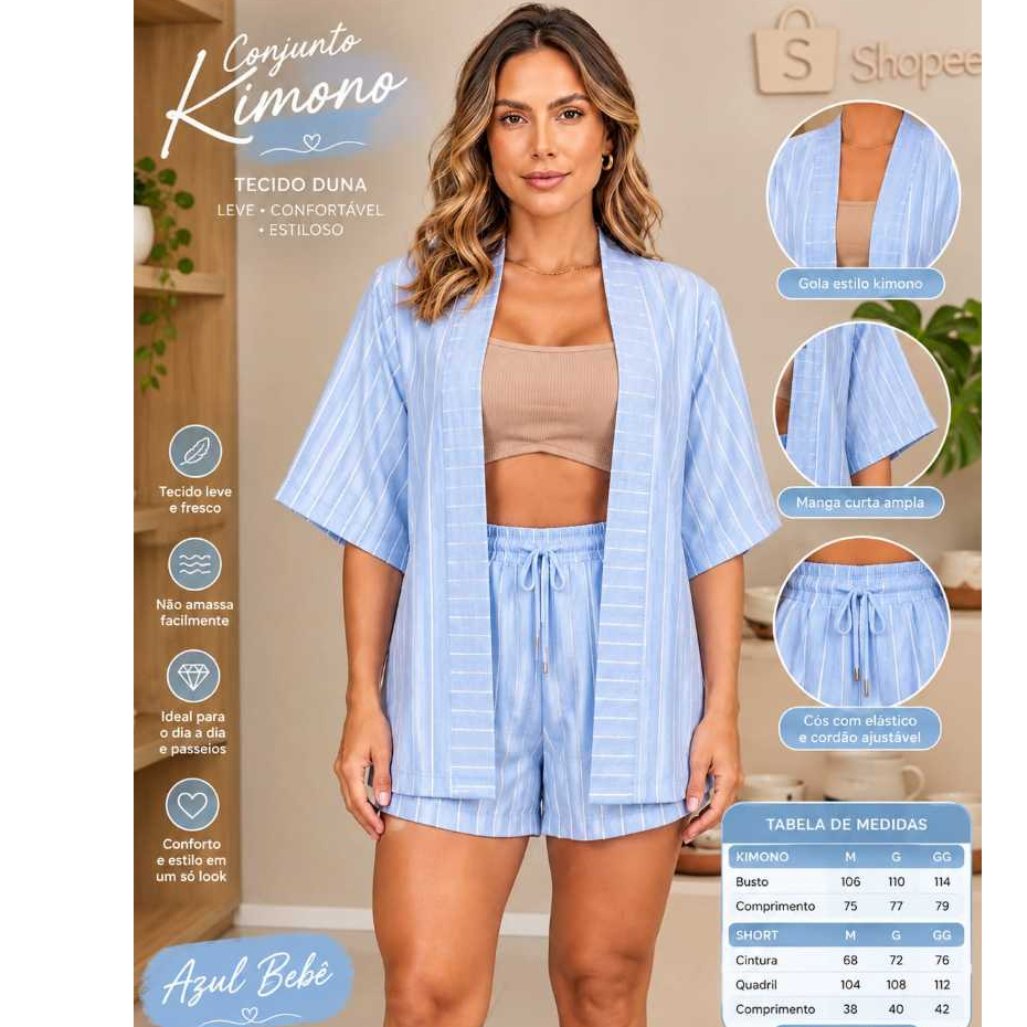 Conjunto Kimono Feminino Listrado (Kimono  Short)  Praia  Leve e Confortável  Elegante Blusa M G GG