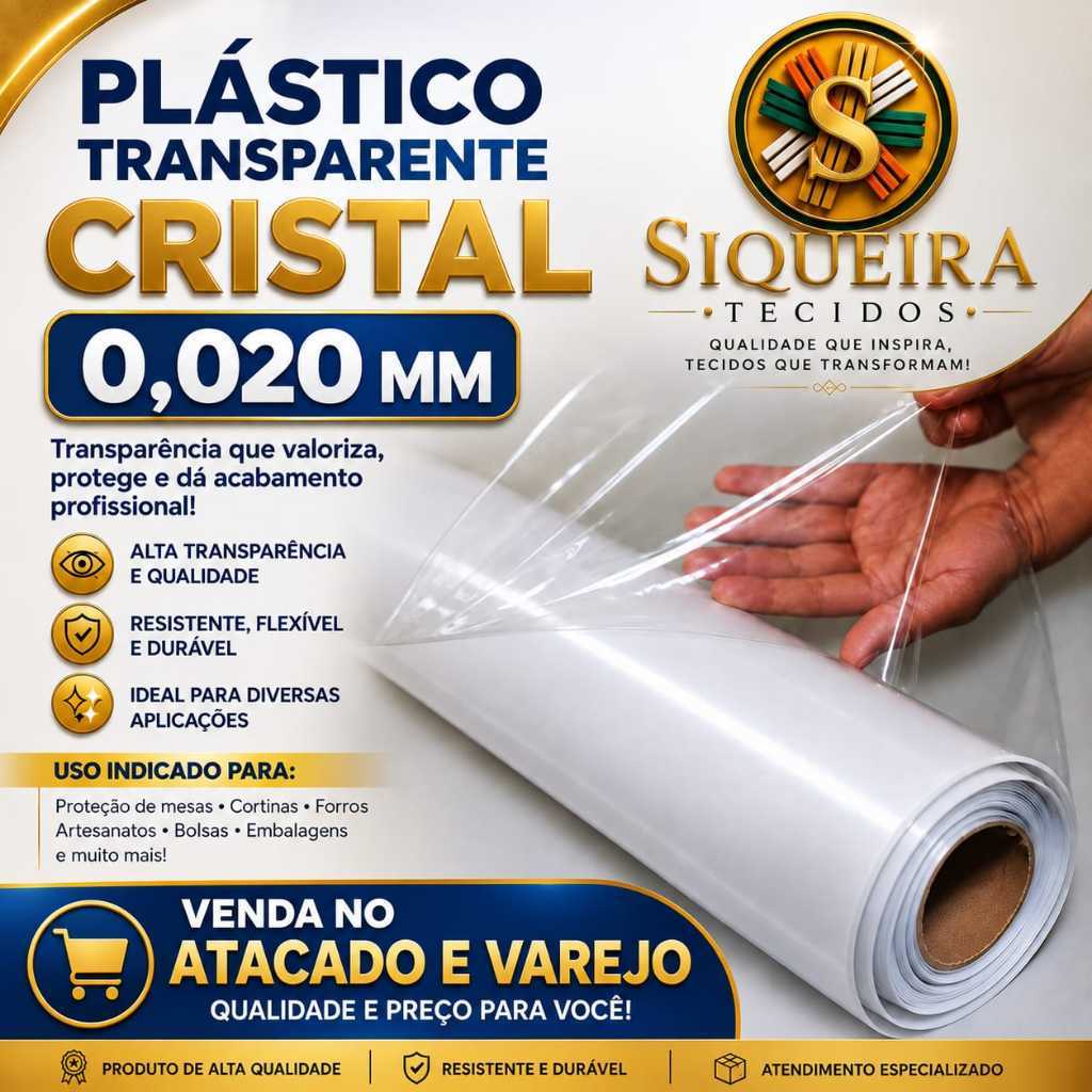 PLÁSTICO CRISTAL 0,020 MM TRANSPARENTE( A PARTIR DE 50 CM X 1,40 MT LARGURA)transparência cristalina
