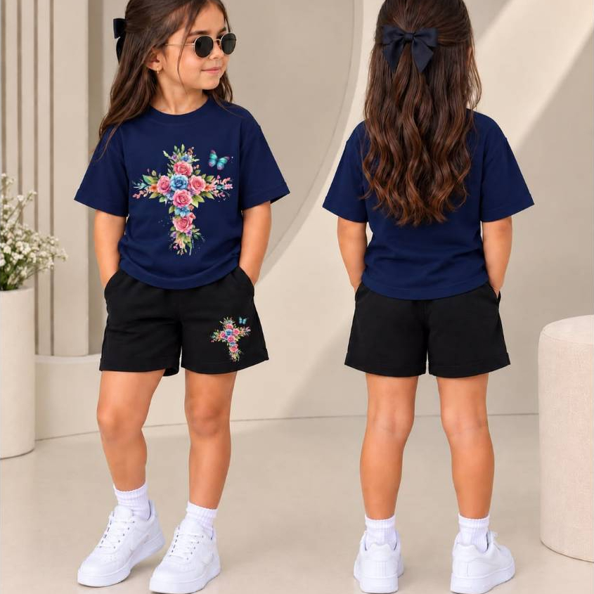 Conjunto Infantil Feminino Estiloso Camiseta Básica + Short de Moletom Menina Estampa Religiosa Cruz Flores