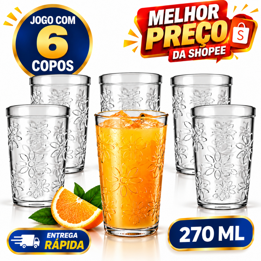Jogo 6 Copos Nadir Nature 270ml – Vidro Grosso Temperado, Transparente Floral para Suco e Água