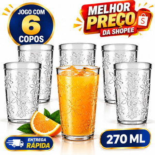 Jogo 6 Copos Nadir Nature 270ml – Vidro Grosso Temperado, Transparente Floral para Suco e Água