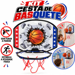 Cesta de Basquete Infantil Kit Completo Tabela 30x24cm Aro Rede e Bico Inflador Fixação por Ventosa Sem Furar Parede