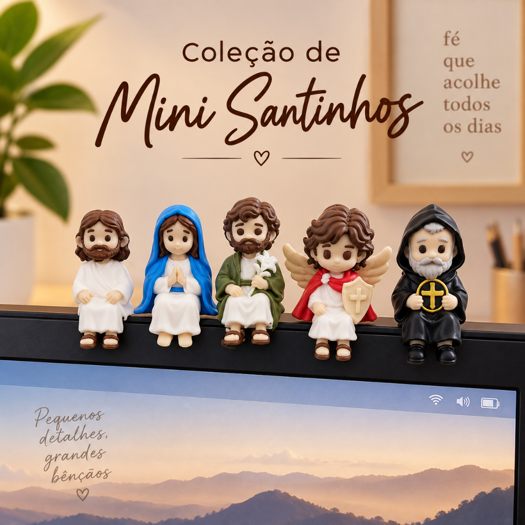 Mini São Miguel Arcanjo | São José | São Bento | Jesus | Mini Nossa Senhora Maria Sentados Enfeite para Monitor Pratelei