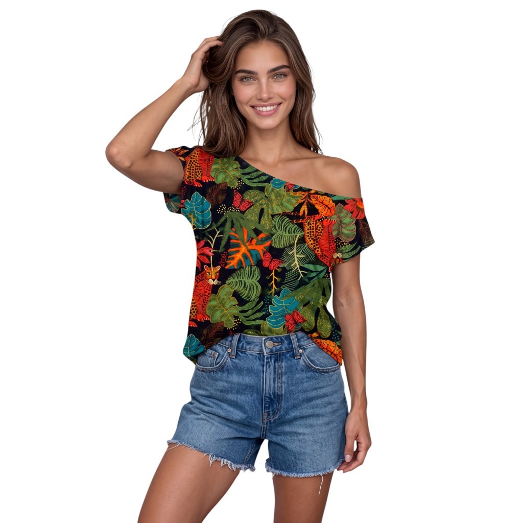 Blusa Feminina Ombro a Ombro Suede Premium Estampada Decote Assimétrico Manga Curta