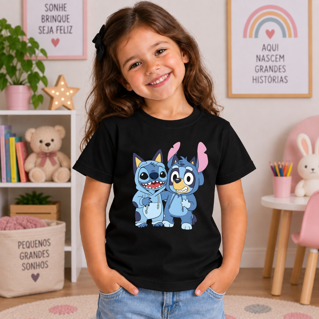 Camiseta Infantil Feminina Stitch Algodão 100% Estampada Menina Moderna Leve Confortável