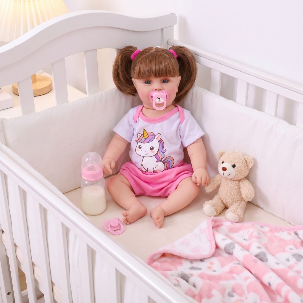 Boneca Bebê Reborn Unicórnio Menina Original Realista de Silicone Pode Dar Banho Com Bolsa Maternidade