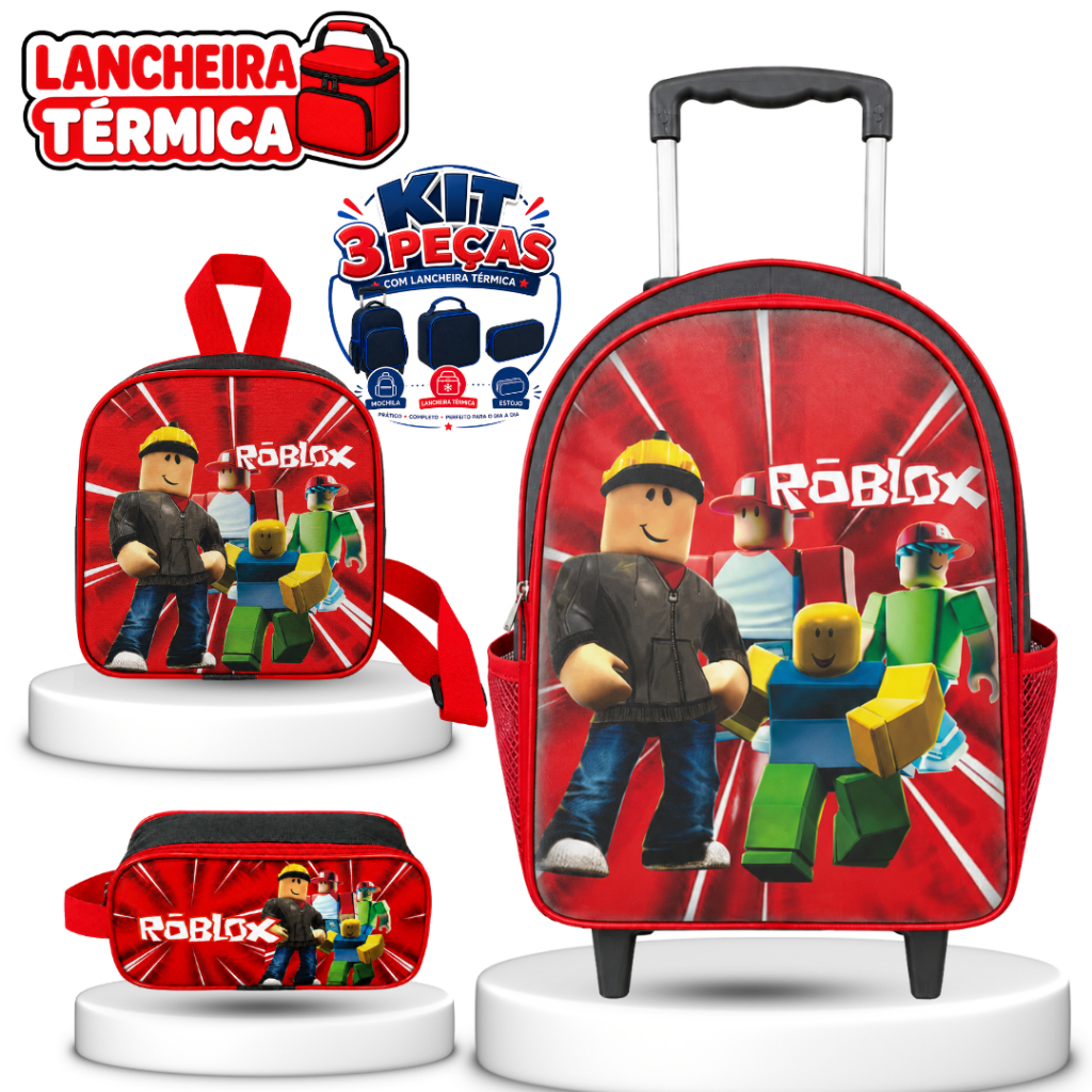 Kit Mochila Carrinho Roblox Completo + Lancheira Térmica + Estojo — Regulável com Trava, Alças Reforçadas, Rodinhas de S