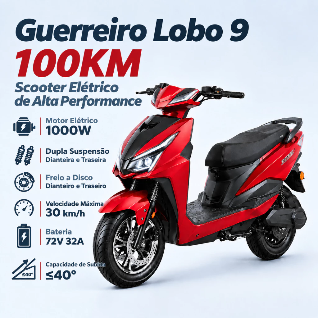 Moto Scooter Elétrica Guerreiro Lobo 9, Bateria Lítio 72V 30A, Motor 800W, Amortecedor Duplo, Freio a Disco Duplo, Auton — imagem 1