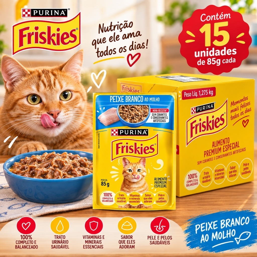 Purina Friskies Sachês Gatos Adultos Peixe Branco Ao Molho Úmida 85g- Kit 15 unidades