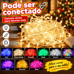 Kit 5 Ou 3 Caixa 10M 100 Leds Pisca Fio Cabo de extensão 110-220V 8 Funções Natalino Multicolorido