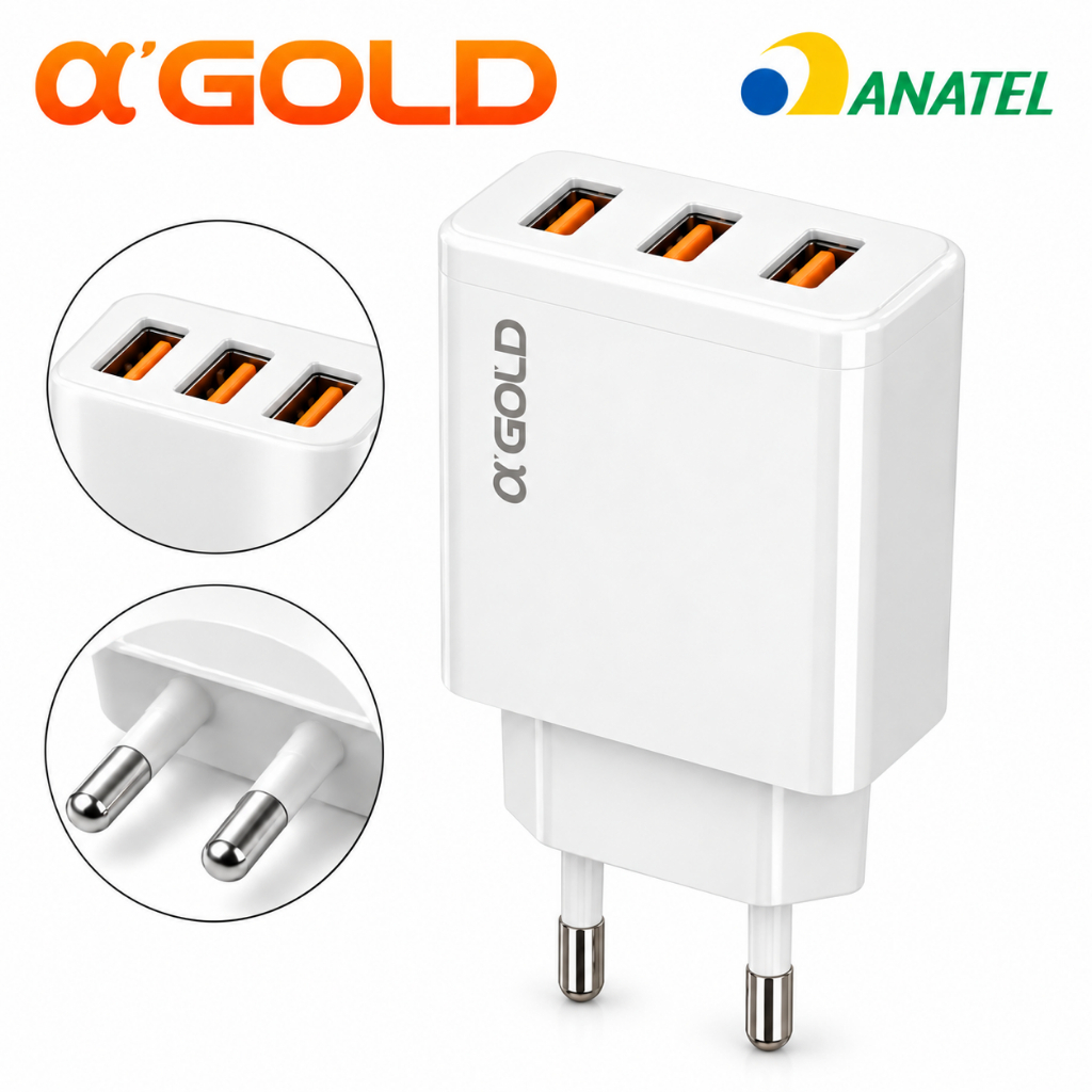 Fonte USB 3 Saídas Carregador Tomada Rápido 5.1A Universal α'Gold
