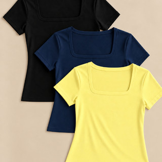 Kit 3 Blusas Feminina Gola Quadrada Manga Curta Básica