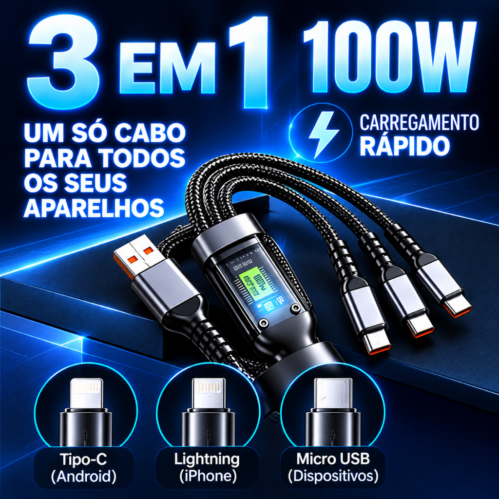 Cabo De Carregamento 3 Em 1 De Liga De Zinco 100W 6A Carregador Super Rápido USB-A1