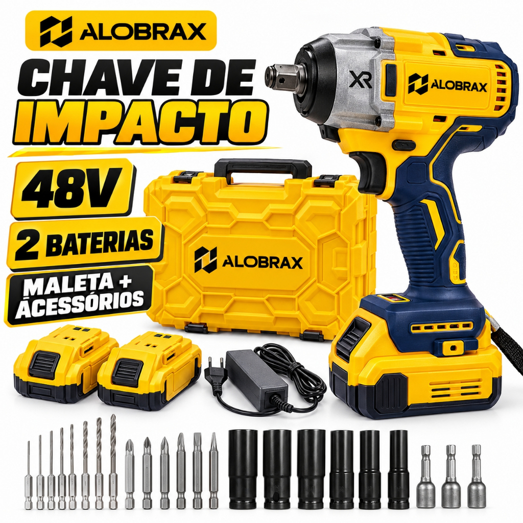 Chave de Impacto 48V 880NM Alta Potência com Adaptador para Brocas e Maleta Plástica Completa Profiss
