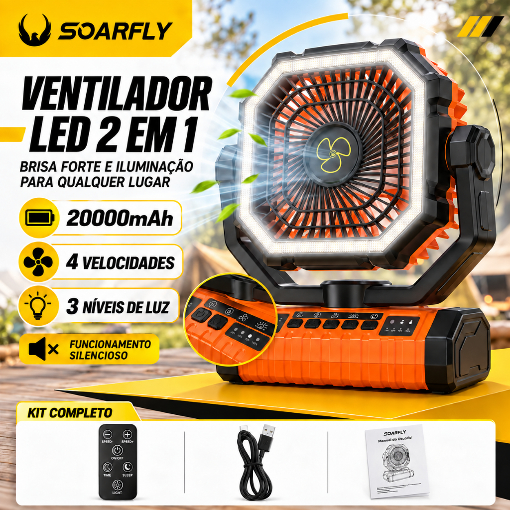 SOARFLY Ventilador portátil recarregável 20000mah carregador c/led pendurar ângulo ajustável premium viagem