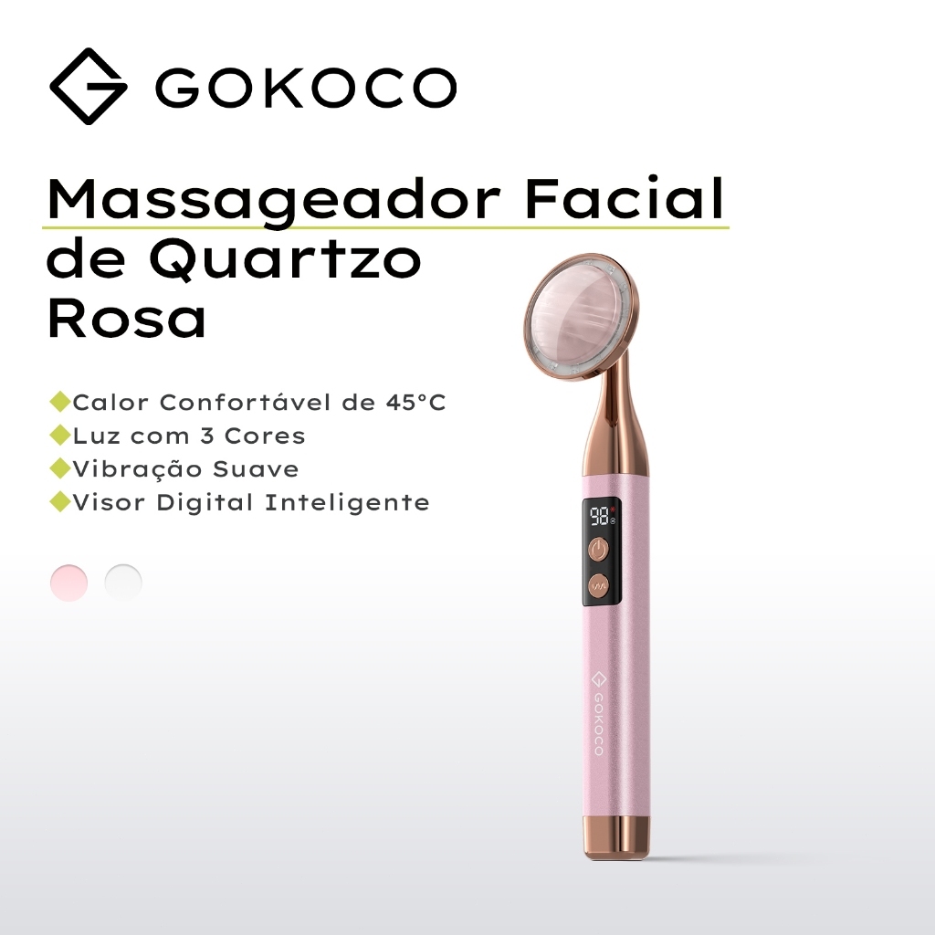 GOKOCO Massageador Facial Elétrico Quartzo Rosa com 3 Cores LED, Vibração, Aquecimento 45°C e Display Digital